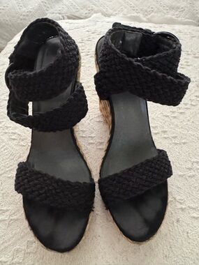 Stuart Weitzman Black Braided Espadrille Wedge Sandals